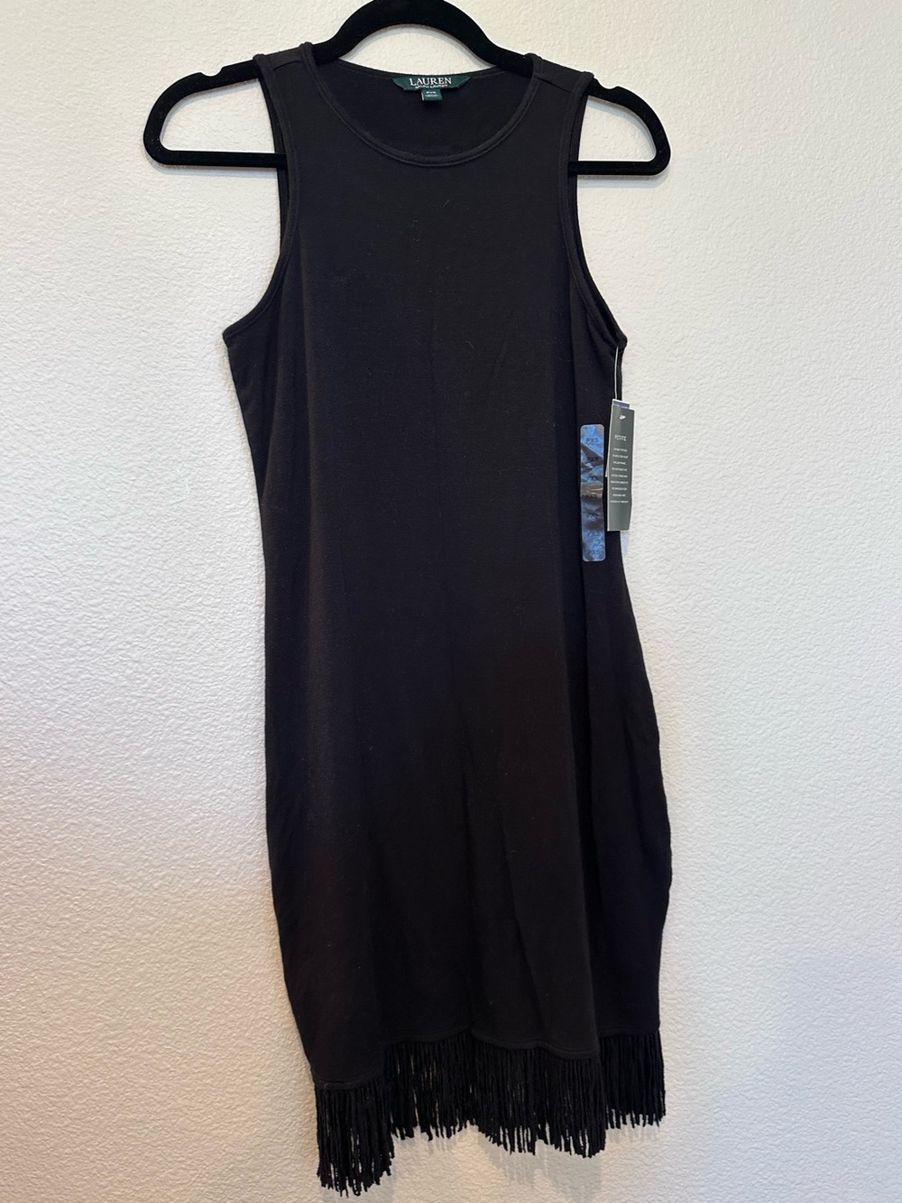 Lauren Ralph Lauren Petite Fringe Dress – Black Sleeveless Stretch Knit